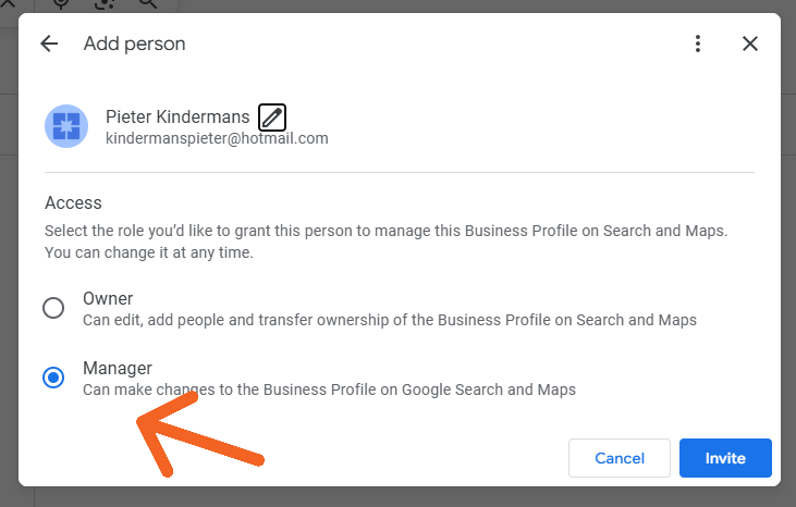 Choosing the manager role when adding someone to a Google Business Profile